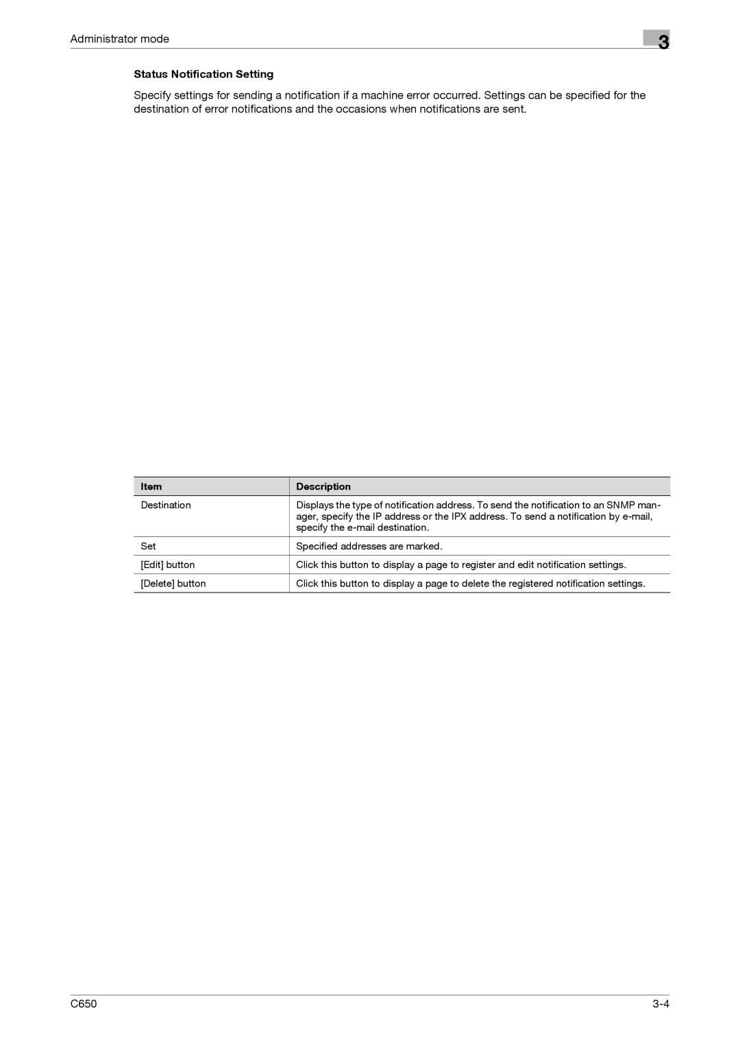 Konica Minolta C650 manual Status Notification Setting 