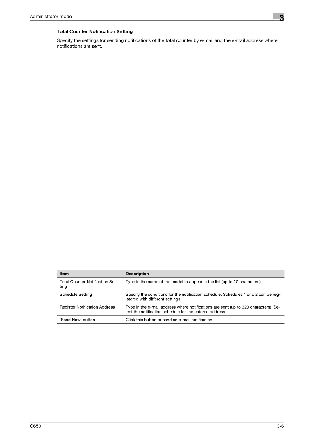 Konica Minolta C650 manual Total Counter Notification Setting 