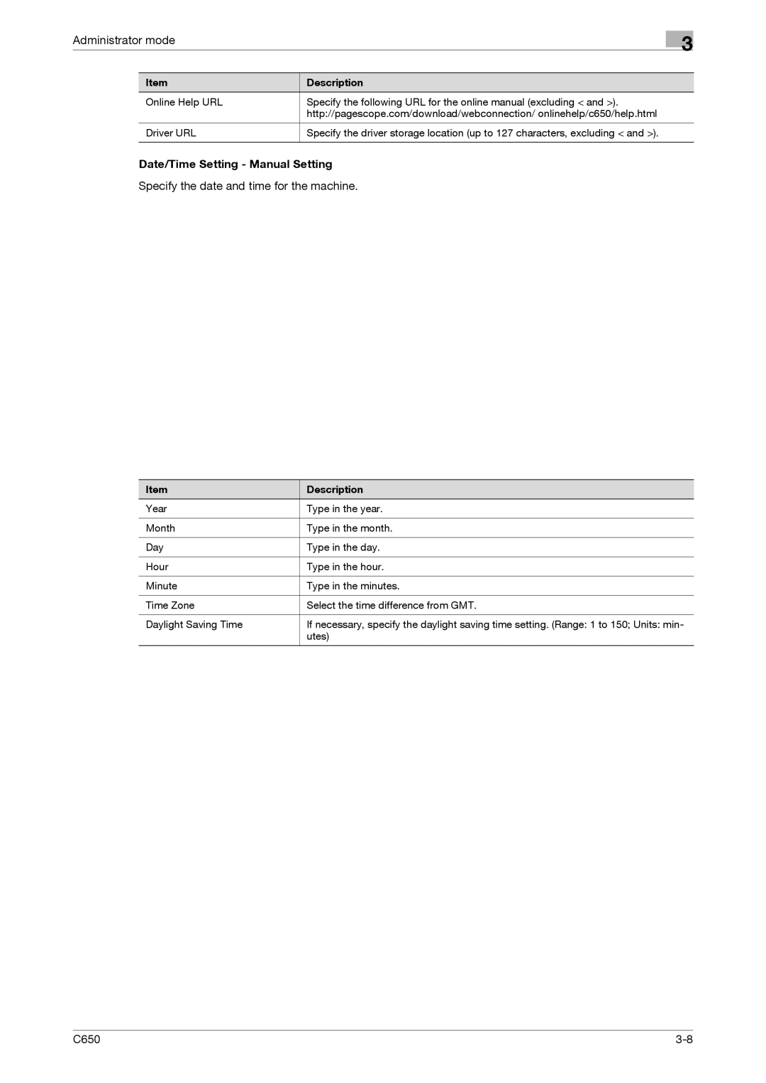 Konica Minolta C650 manual Date/Time Setting Manual Setting, Specify the date and time for the machine 