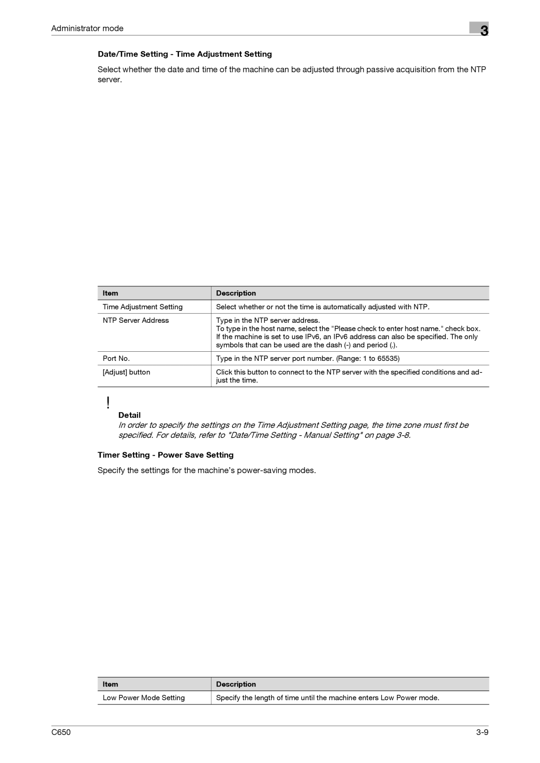 Konica Minolta C650 manual Date/Time Setting Time Adjustment Setting, Timer Setting Power Save Setting 