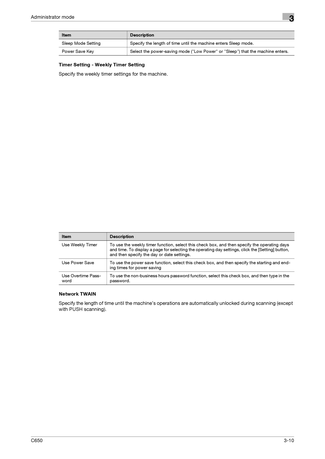 Konica Minolta C650 Timer Setting Weekly Timer Setting, Specify the weekly timer settings for the machine, Network Twain 