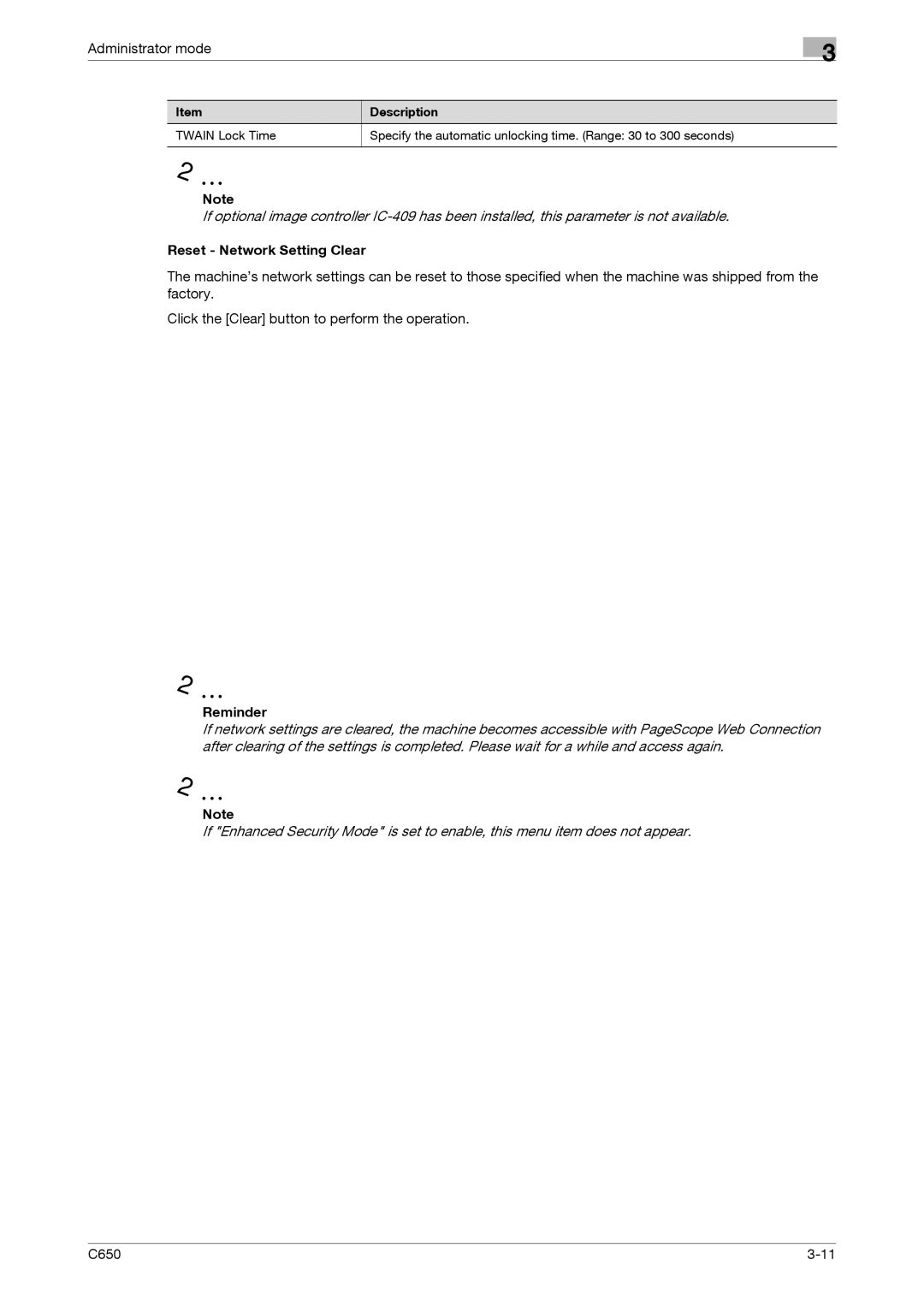 Konica Minolta C650 manual Reset Network Setting Clear, Reminder 