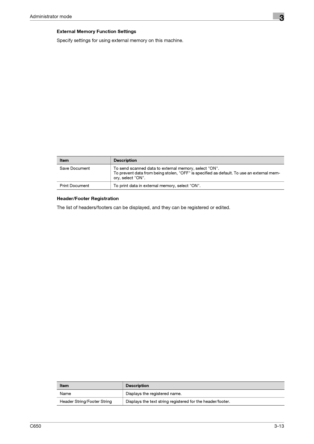 Konica Minolta C650 manual External Memory Function Settings, Specify settings for using external memory on this machine 