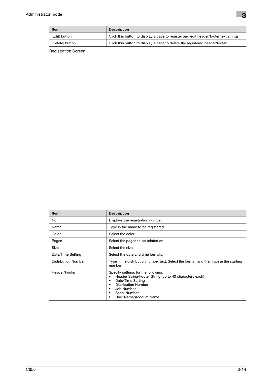 Konica Minolta C650 manual Registration Screen 