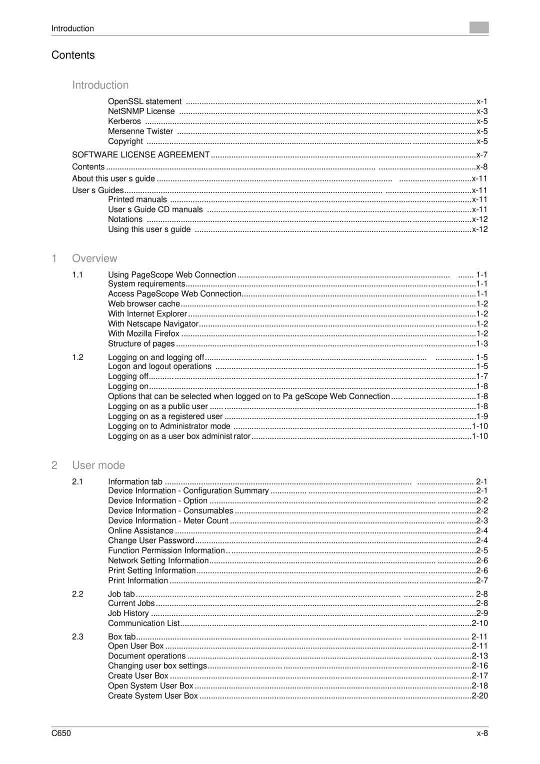 Konica Minolta C650 manual Contents About this user’s guide User’s Guides, Using PageScope Web Connection, Information tab 