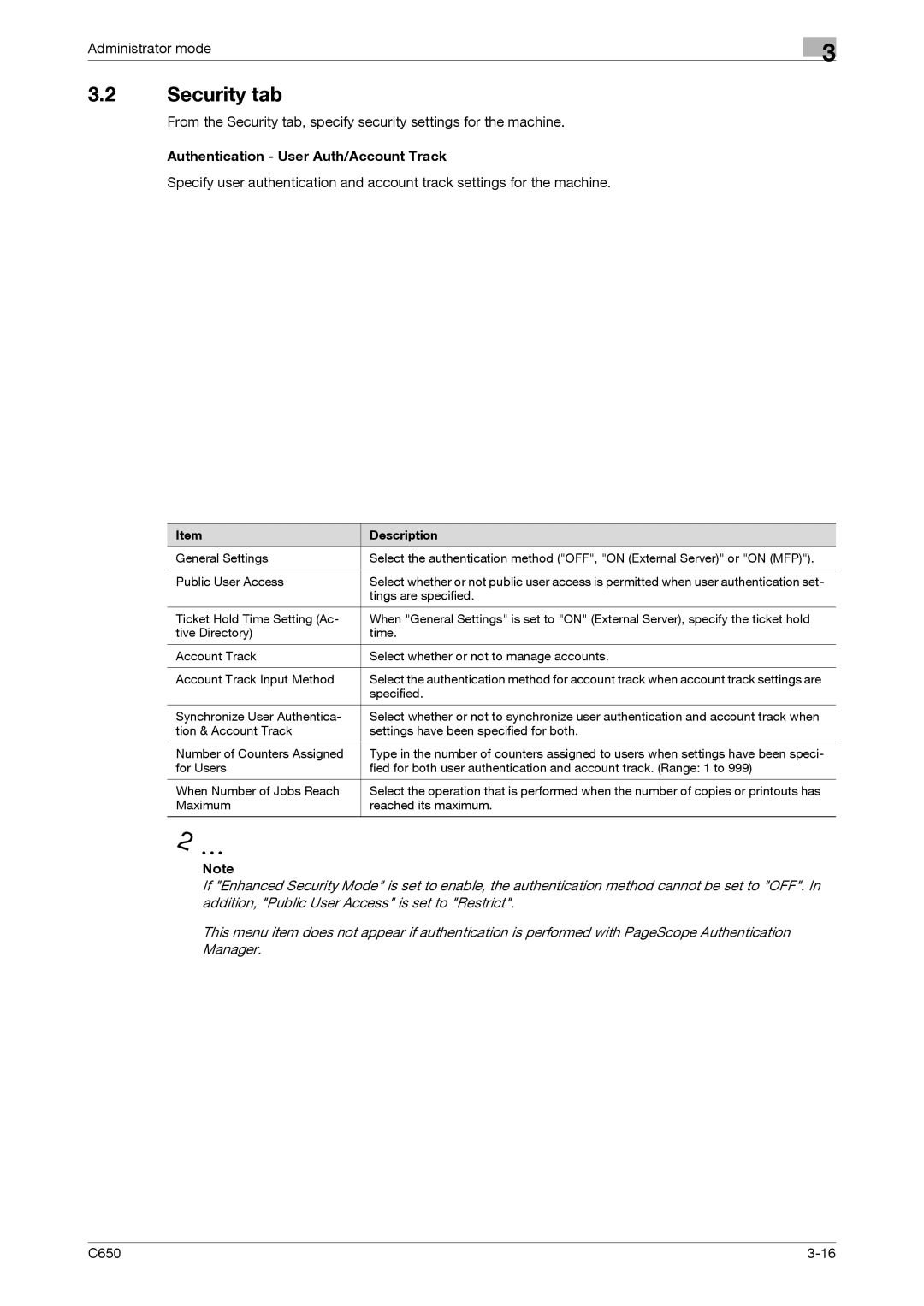 Konica Minolta C650 manual Security tab, Authentication User Auth/Account Track 