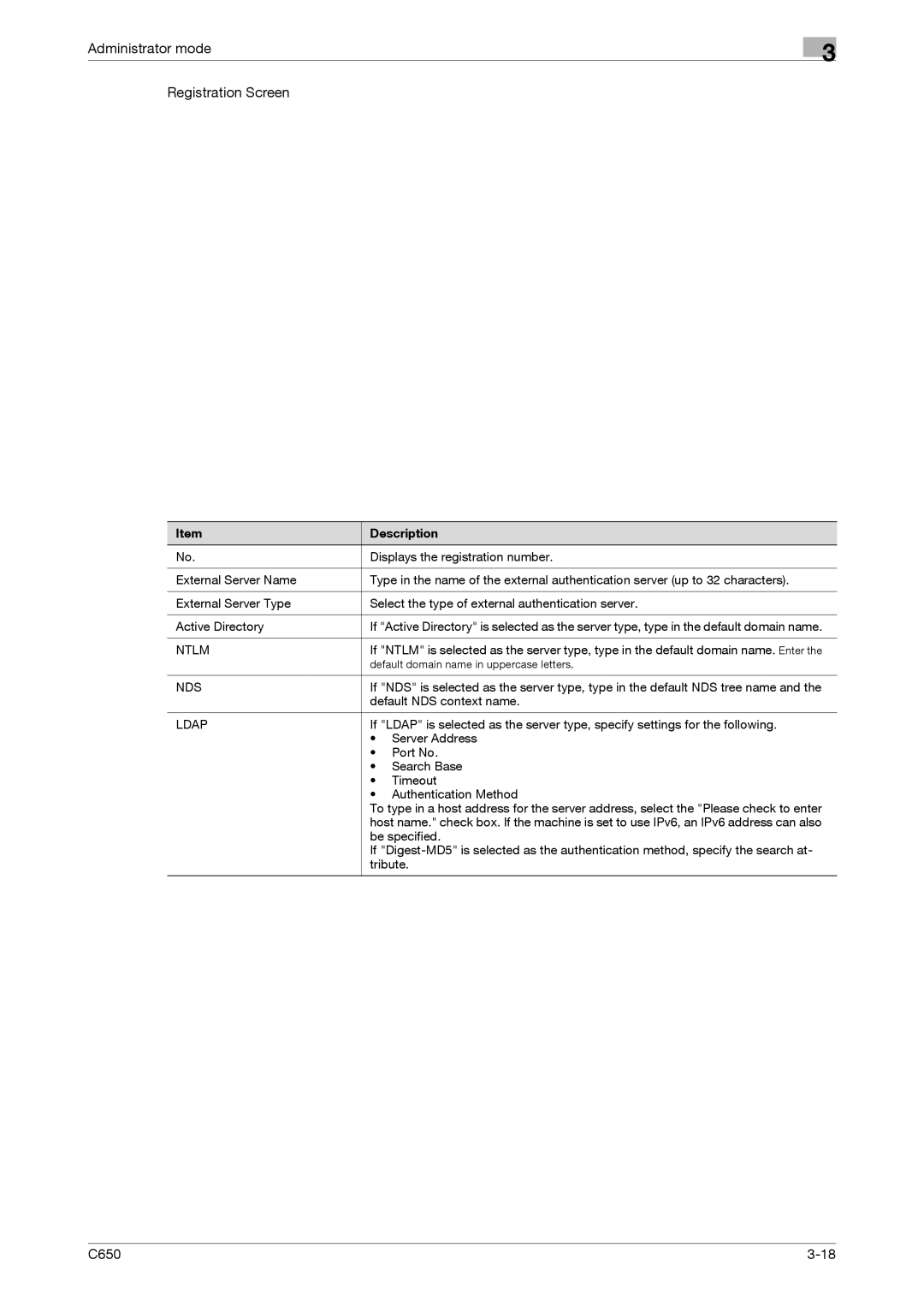 Konica Minolta C650 manual Administrator mode Registration Screen, Ntlm, Nds, Ldap 