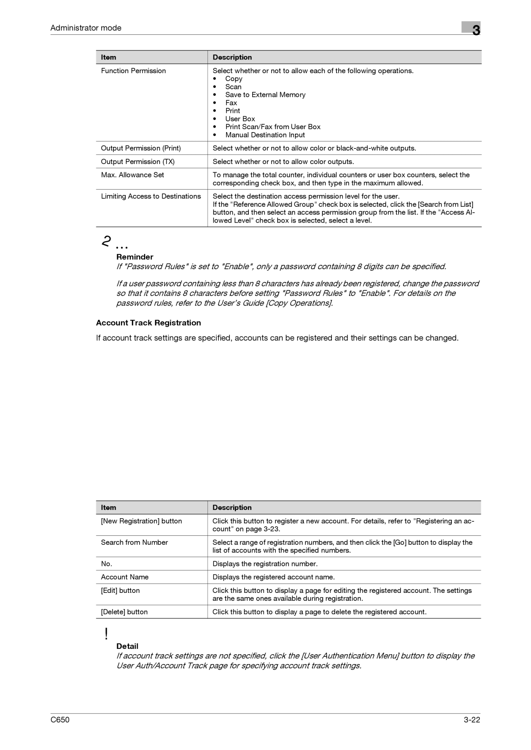 Konica Minolta C650 manual Reminder, Account Track Registration 