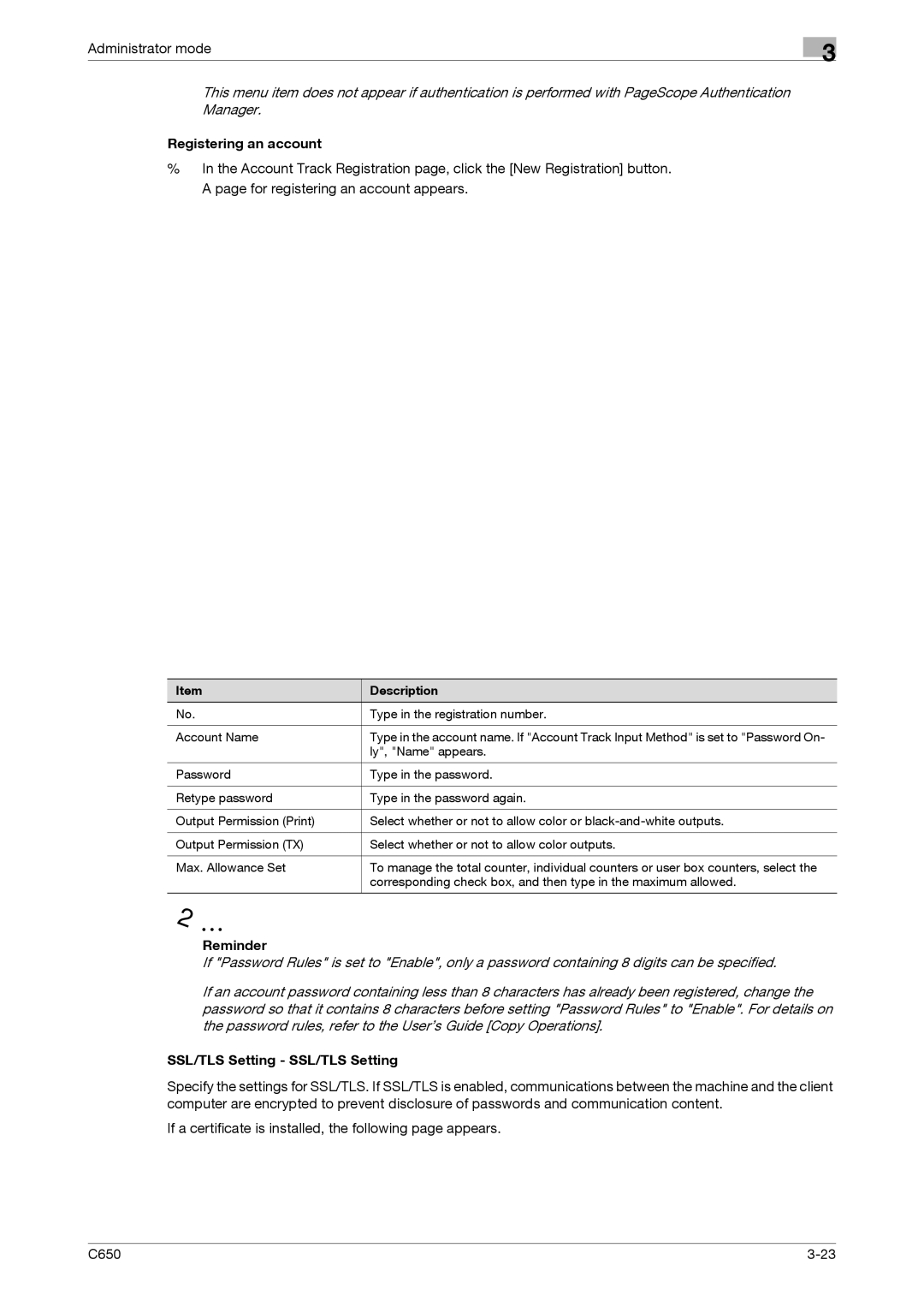 Konica Minolta C650 manual Registering an account, SSL/TLS Setting SSL/TLS Setting 