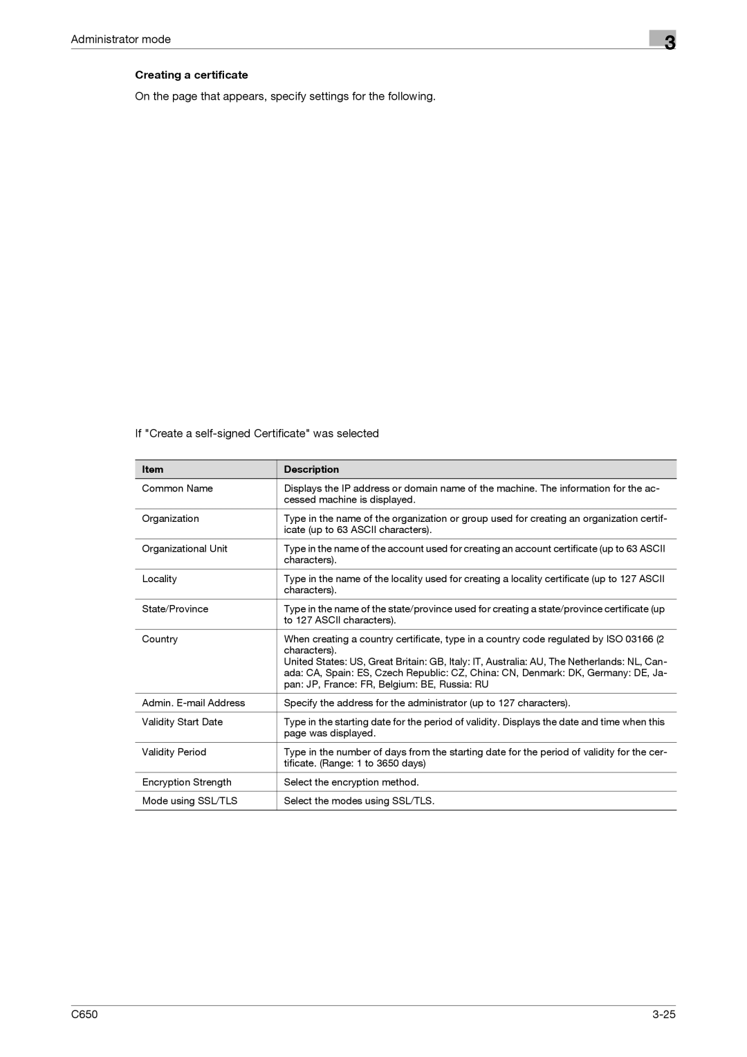 Konica Minolta C650 manual Creating a certificate 