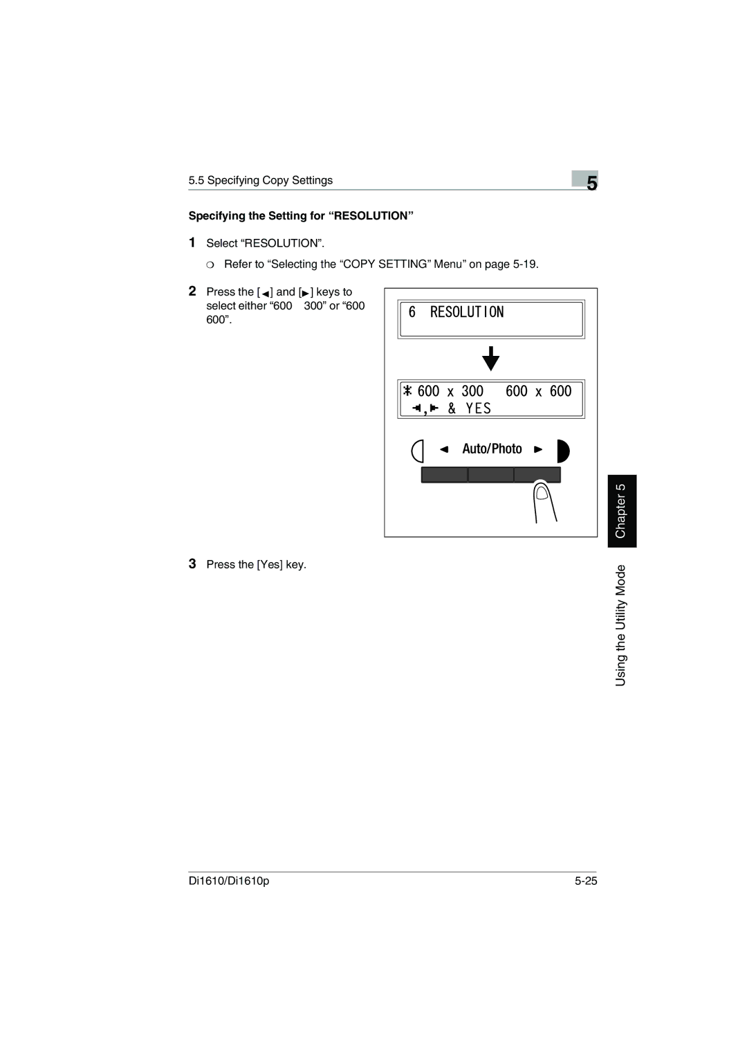 Konica Minolta Di1610p user manual Specifying the Setting for Resolution 