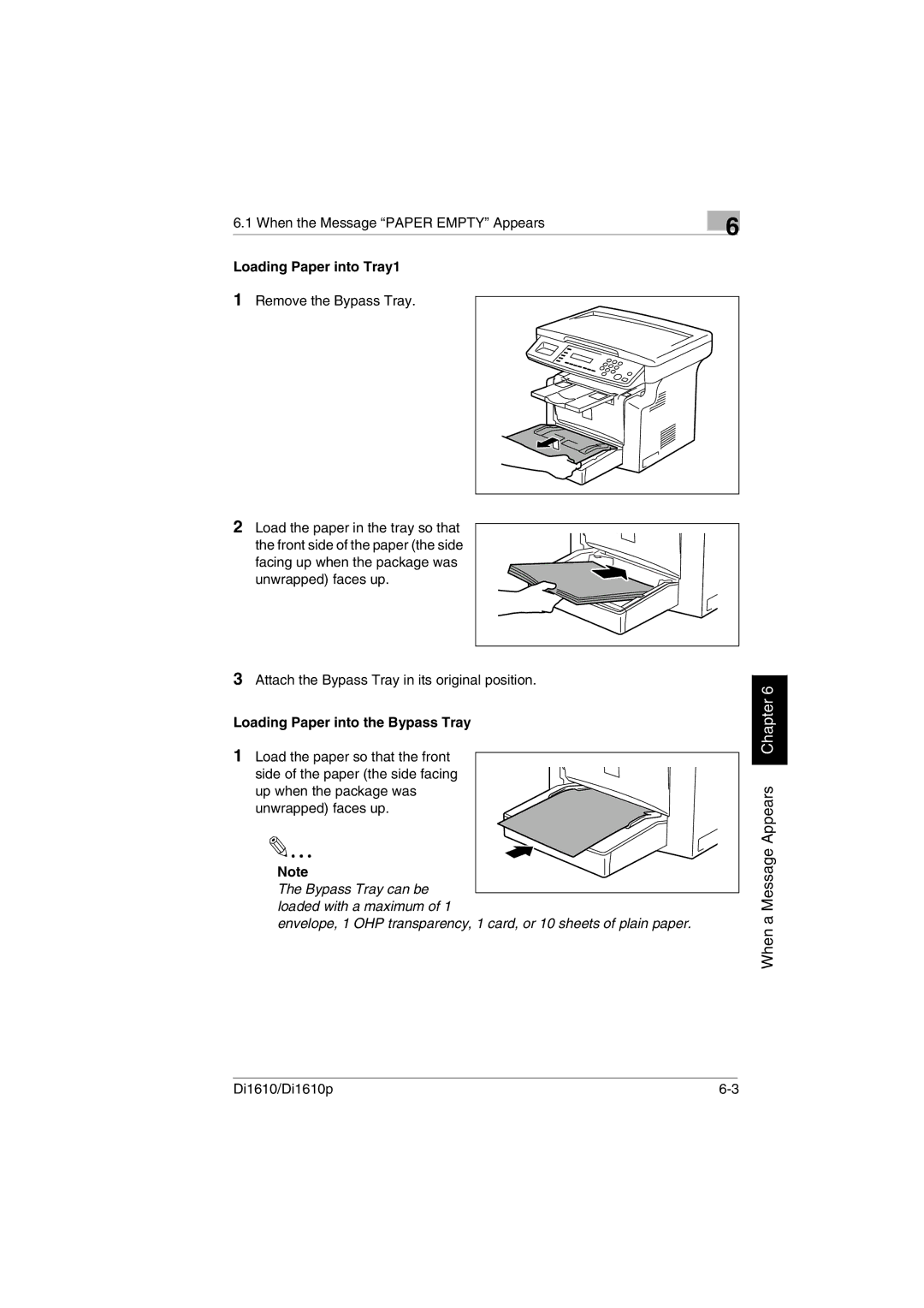 Konica Minolta Di1610p user manual Loading Paper into Tray1 