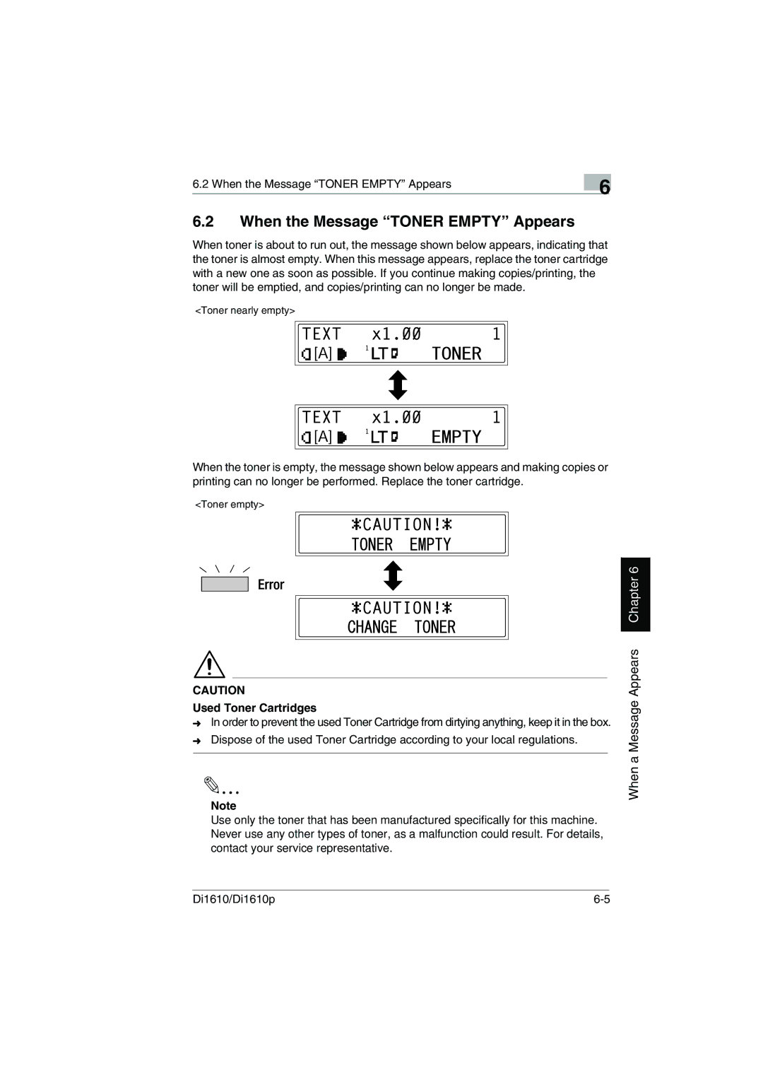 Konica Minolta Di1610p user manual When the Message Toner Empty Appears, Used Toner Cartridges 