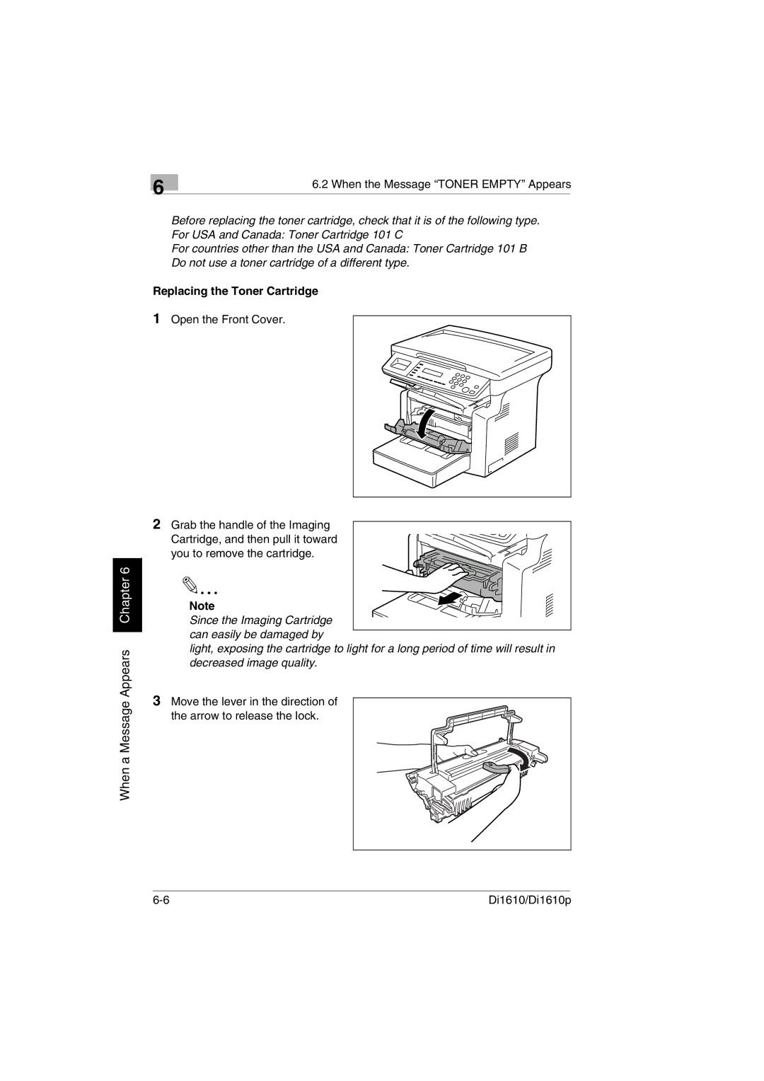 Konica Minolta Di1610p user manual Replacing the Toner Cartridge 