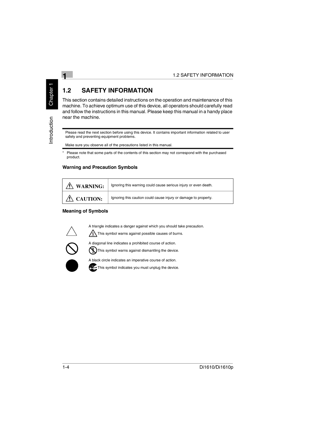 Konica Minolta Di1610p user manual Safety Information, Meaning of Symbols 