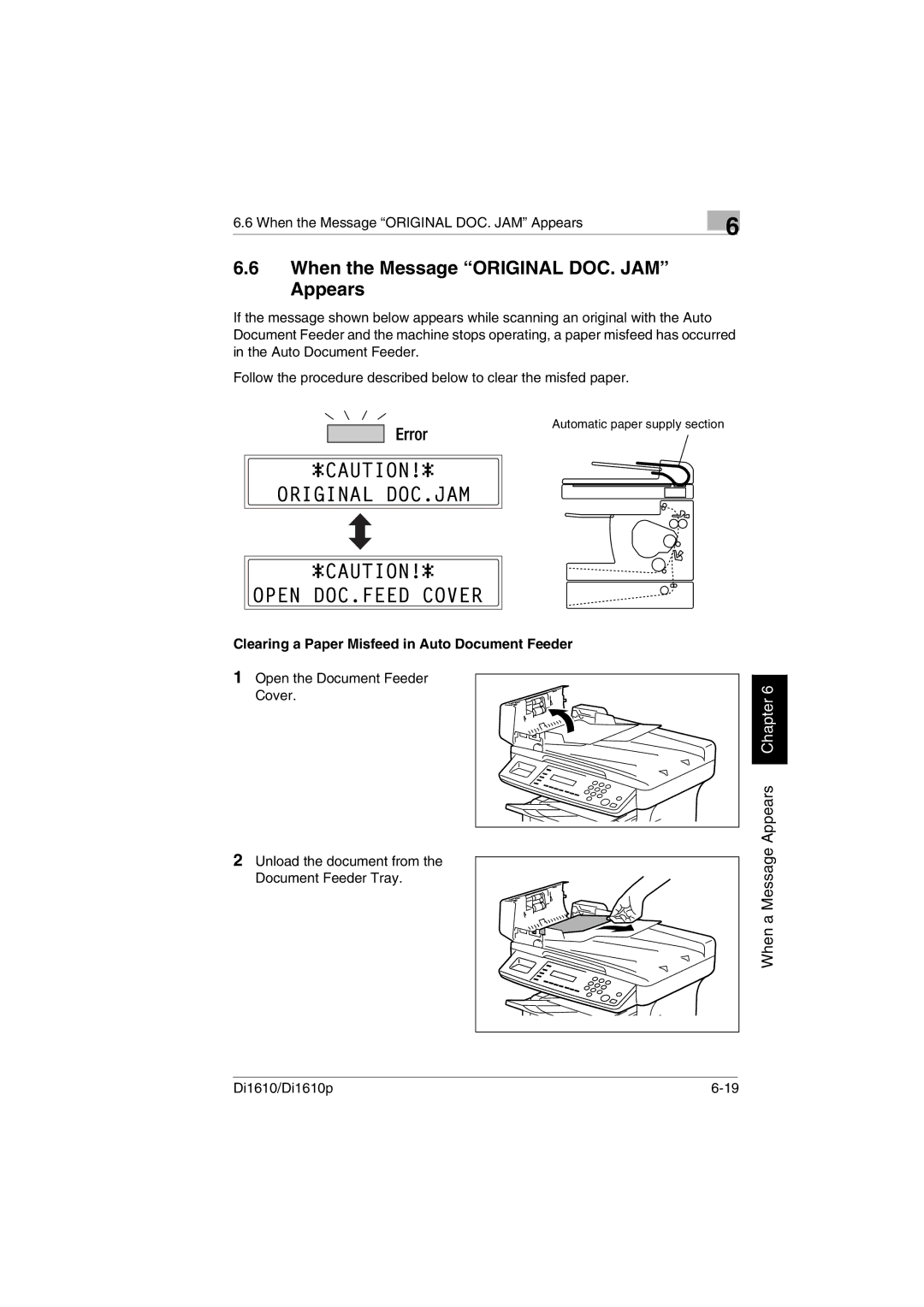 Konica Minolta Di1610 When the Message Original DOC. JAM Appears, Clearing a Paper Misfeed in Auto Document Feeder 