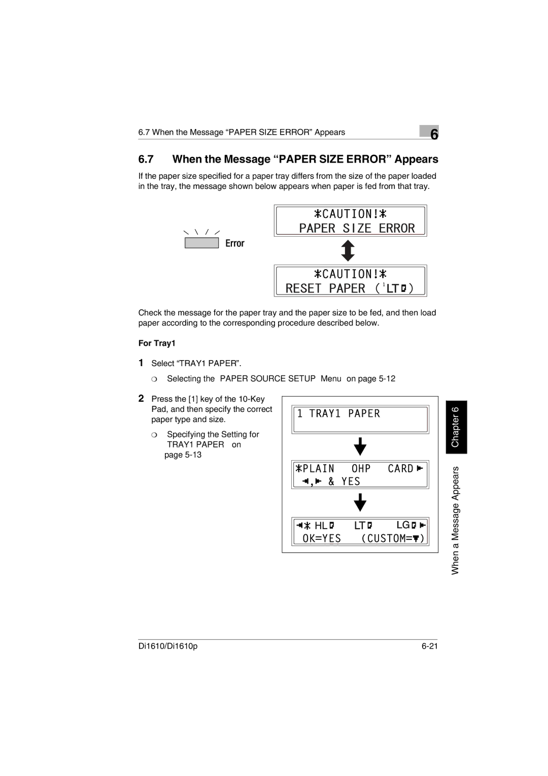 Konica Minolta Di1610p user manual When the Message Paper Size Error Appears, For Tray1 