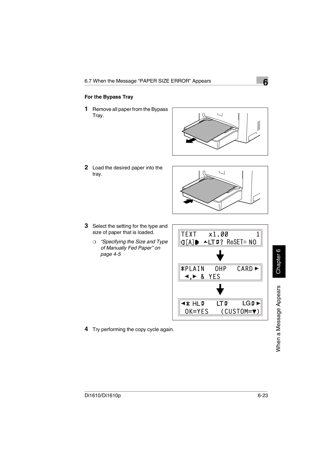 Konica Minolta Di1610p user manual Specifying the Size and Type of Manually Fed Paper on 