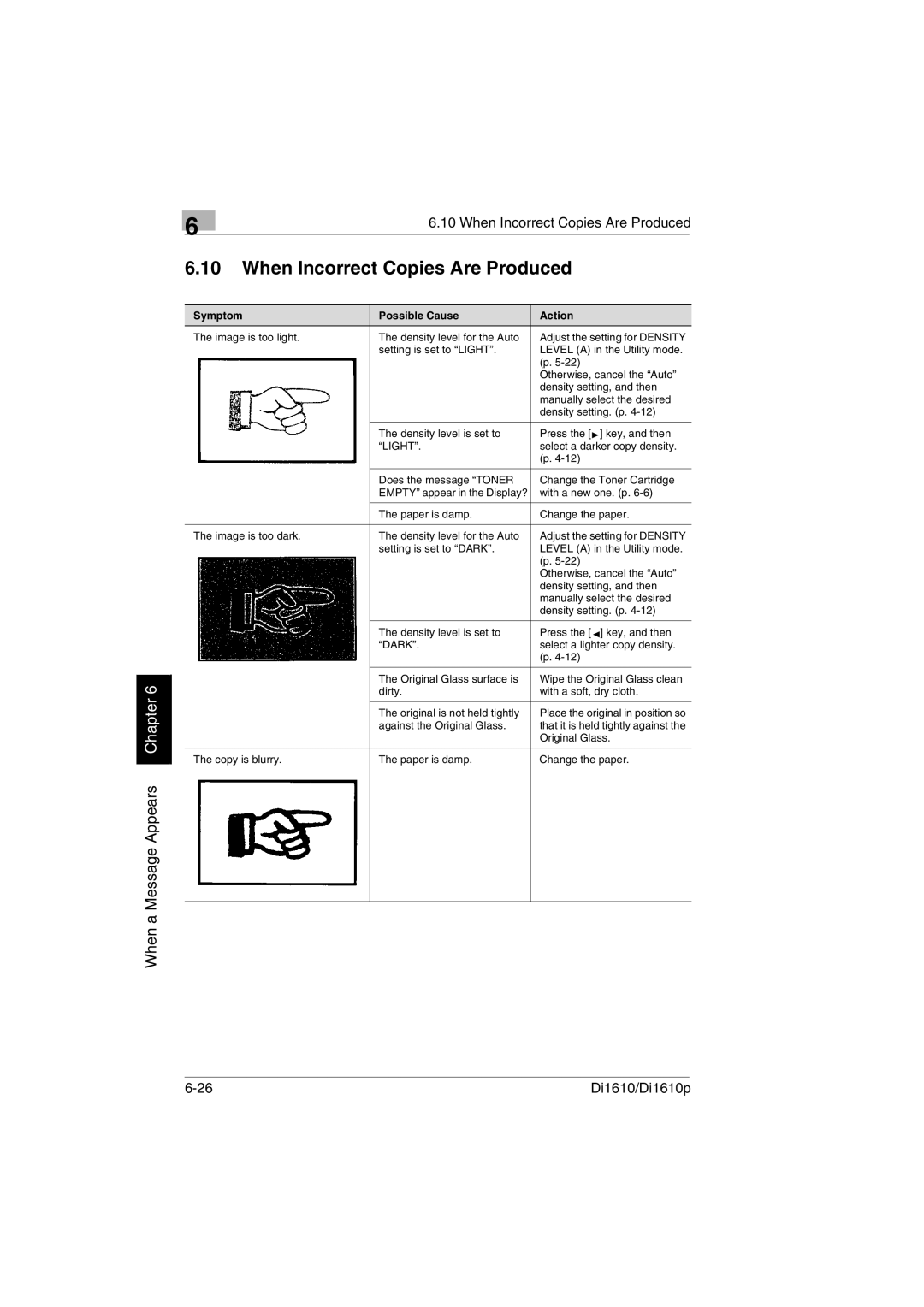 Konica Minolta Di1610p user manual When Incorrect Copies Are Produced, Symptom Possible Cause Action 