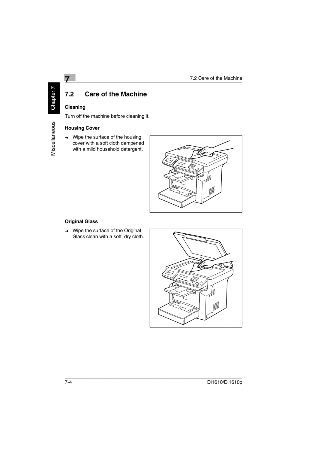 Konica Minolta Di1610p user manual Care of the Machine, Cleaning 