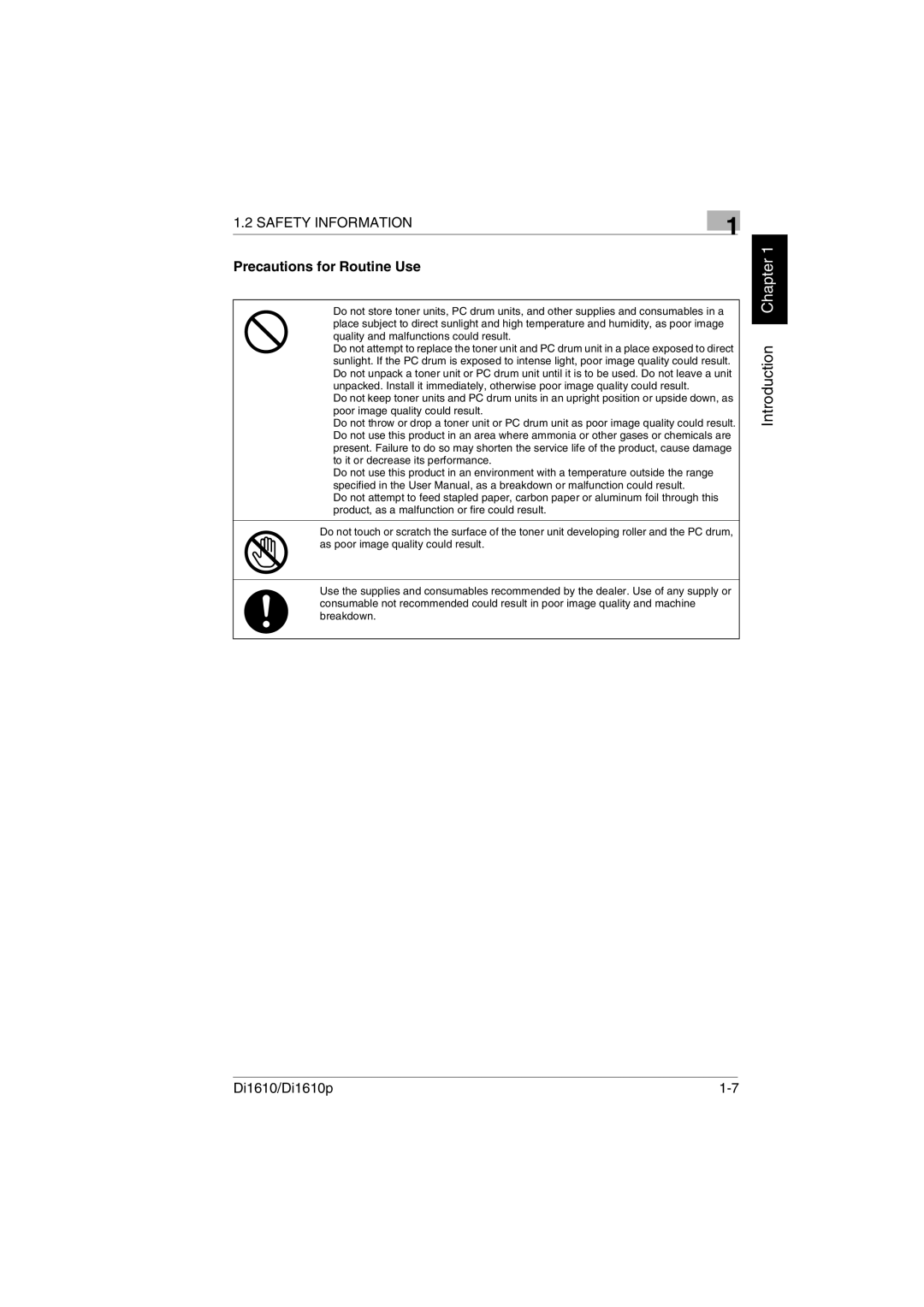 Konica Minolta Di1610p user manual Precautions for Routine Use 