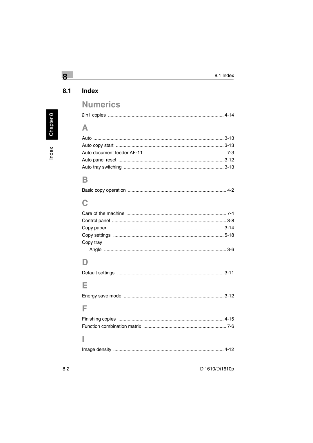 Konica Minolta Di1610p user manual Numerics, Index 