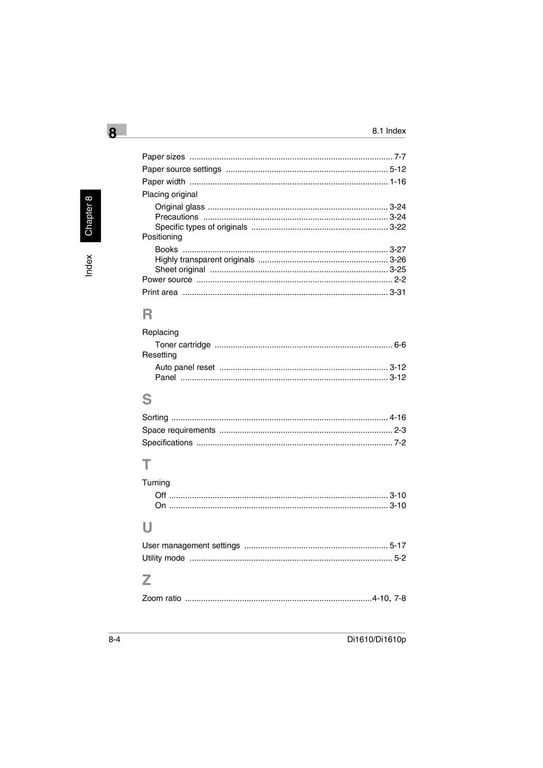 Konica Minolta Di1610p user manual Sheet original Power source Print area Replacing 