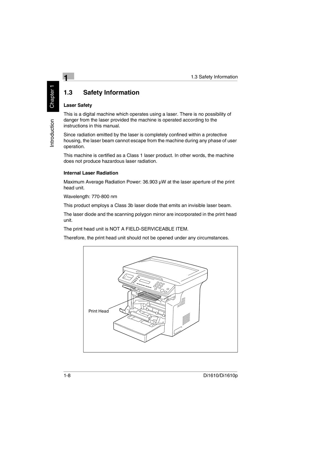 Konica Minolta Di1610p user manual Safety Information, Laser Safety, Internal Laser Radiation 