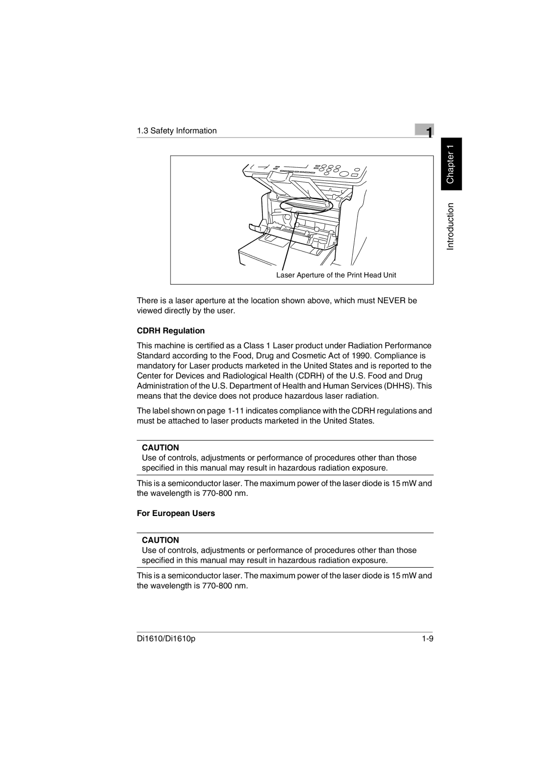 Konica Minolta Di1610p user manual Cdrh Regulation, For European Users 