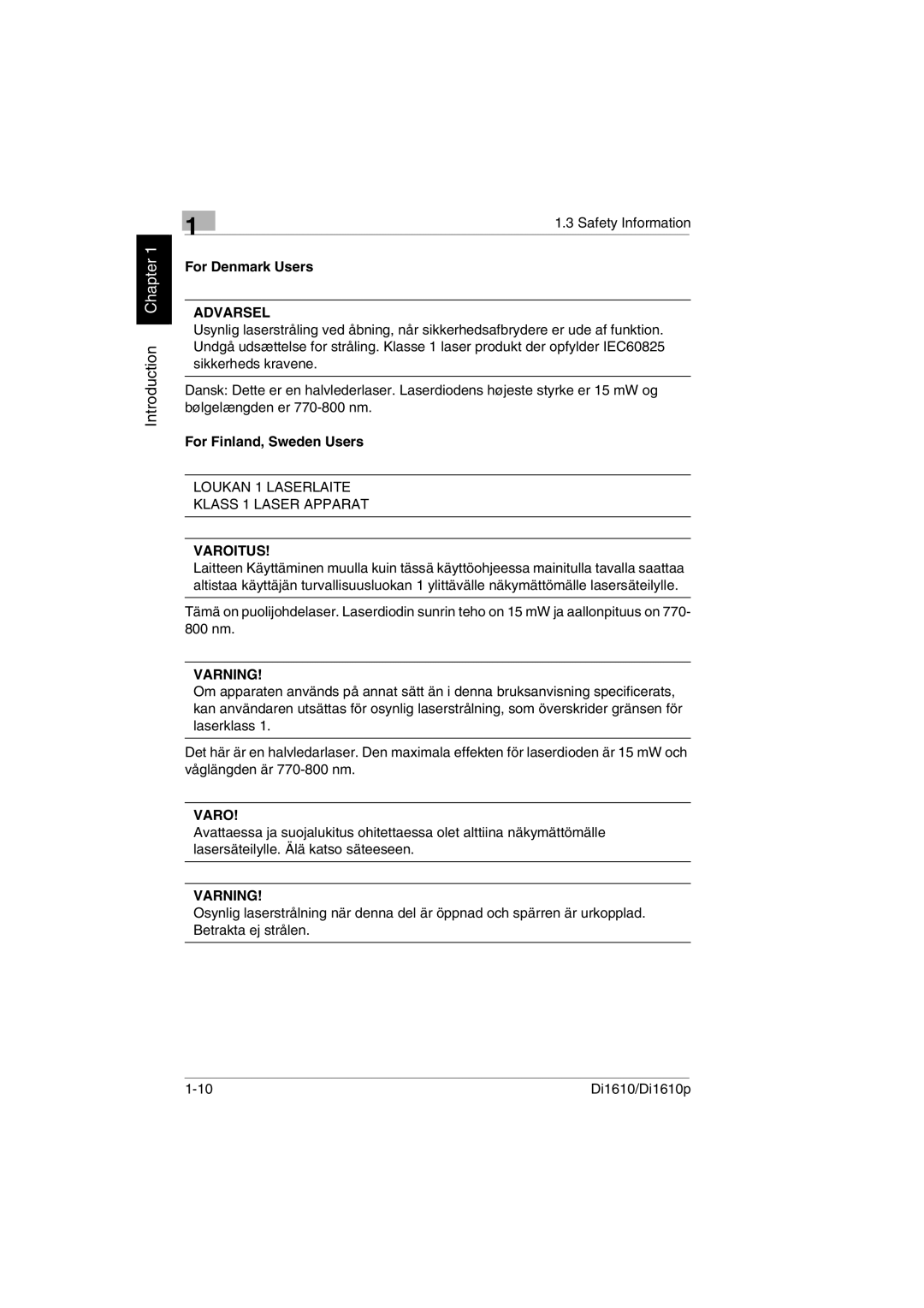 Konica Minolta Di1610p user manual For Denmark Users, For Finland, Sweden Users 