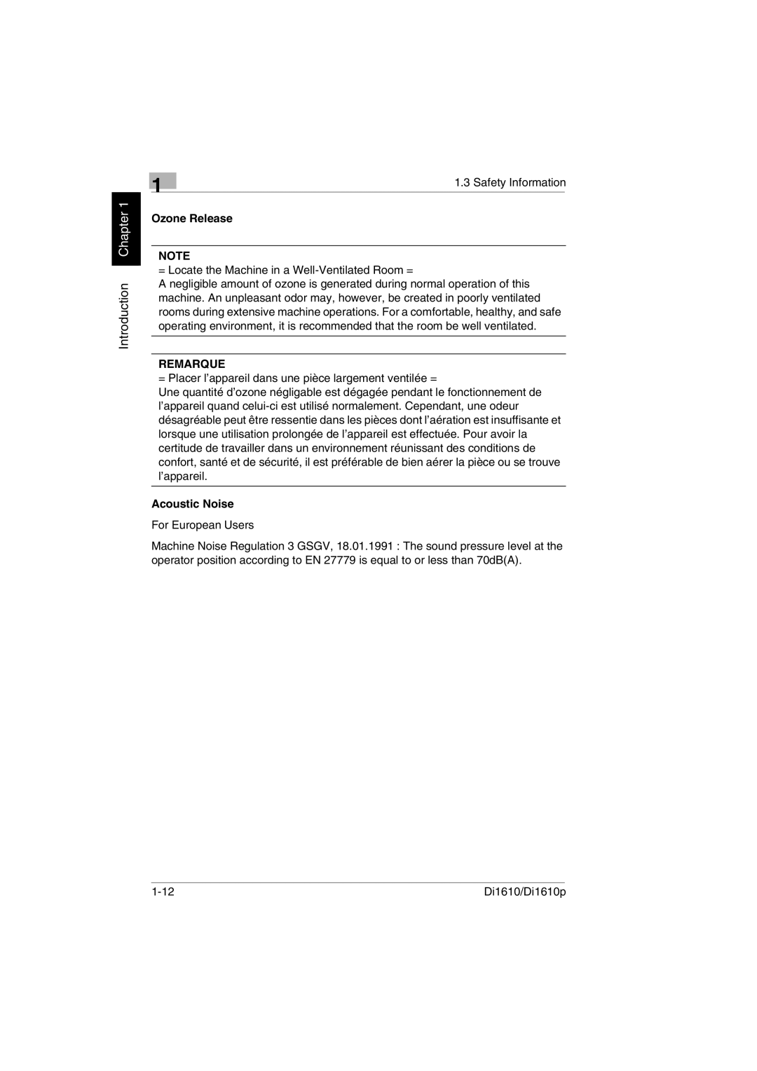 Konica Minolta Di1610p user manual Ozone Release, Acoustic Noise 