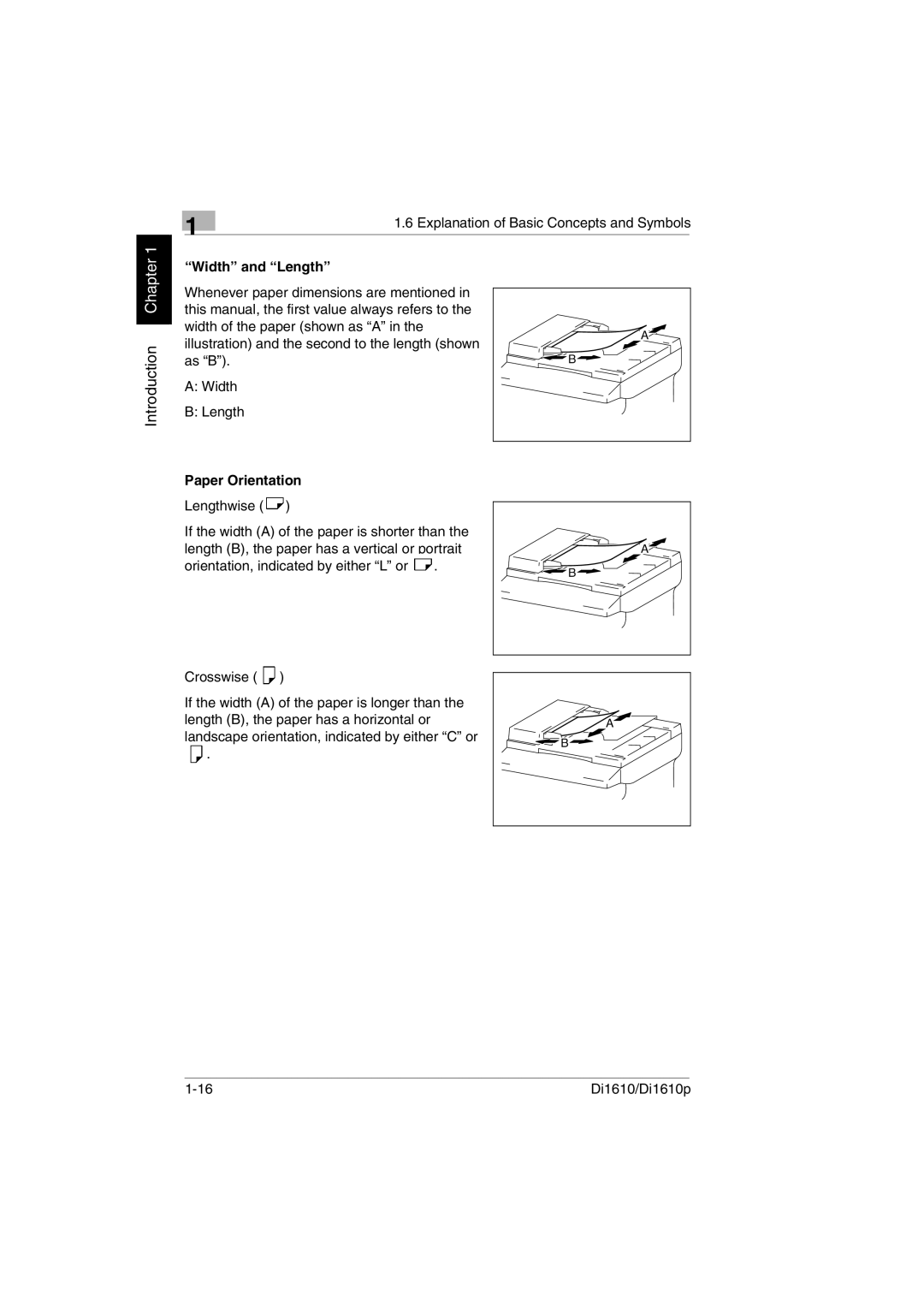 Konica Minolta Di1610p user manual Width and Length, Paper Orientation 