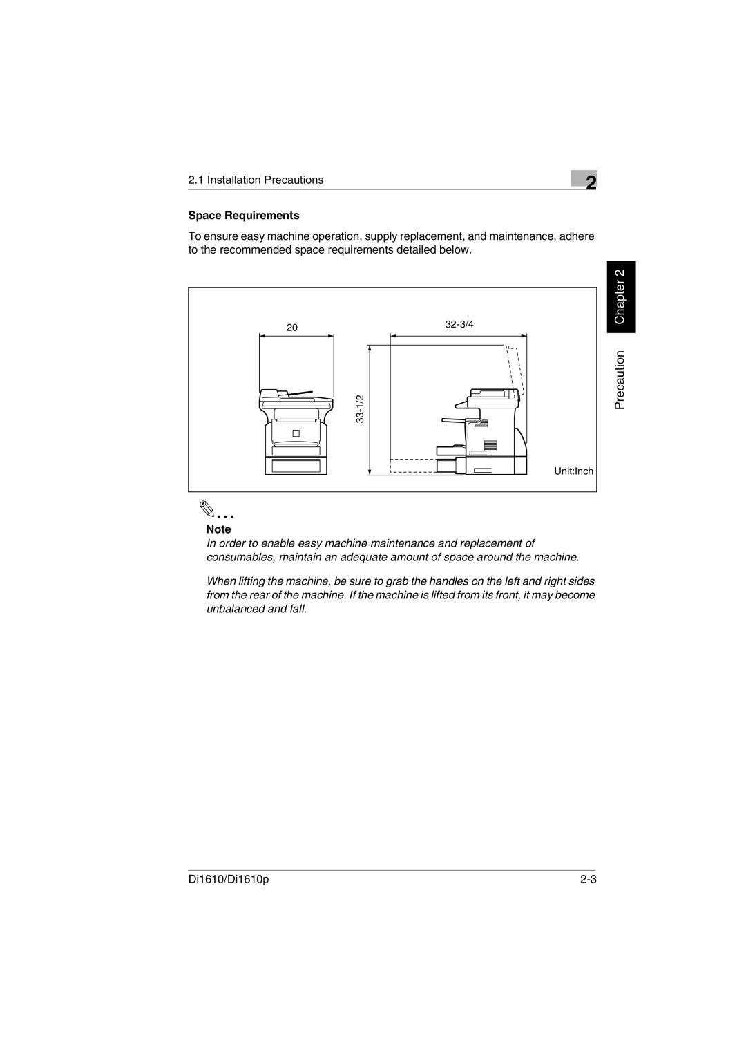 Konica Minolta Di1610p user manual Space Requirements 