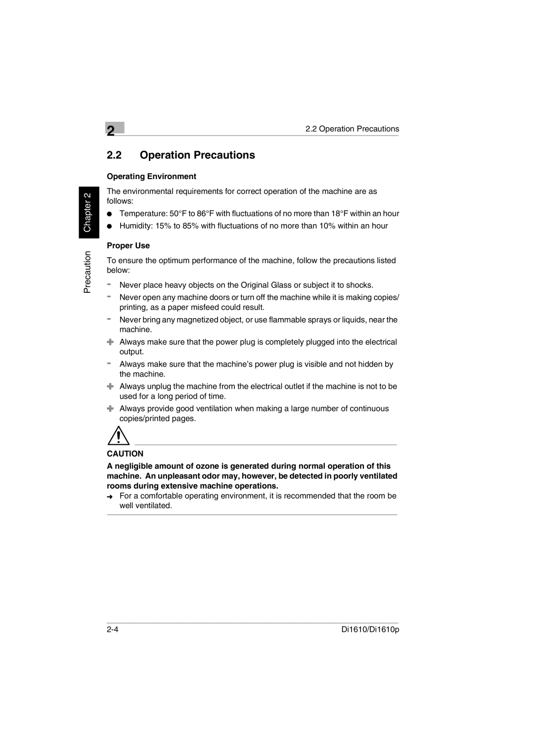 Konica Minolta Di1610p user manual Operation Precautions, Operating Environment, Proper Use 