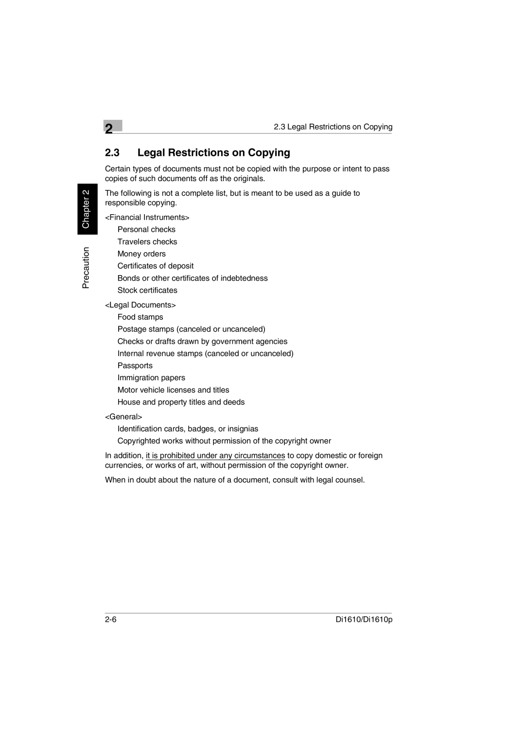 Konica Minolta Di1610p user manual Legal Restrictions on Copying 