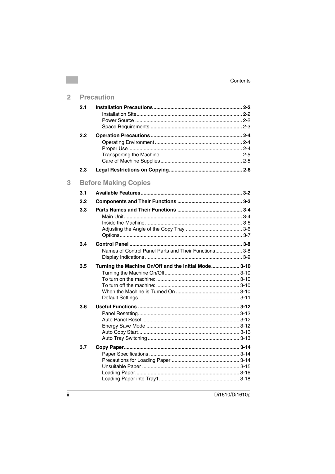 Konica Minolta Di1610p user manual Precaution 