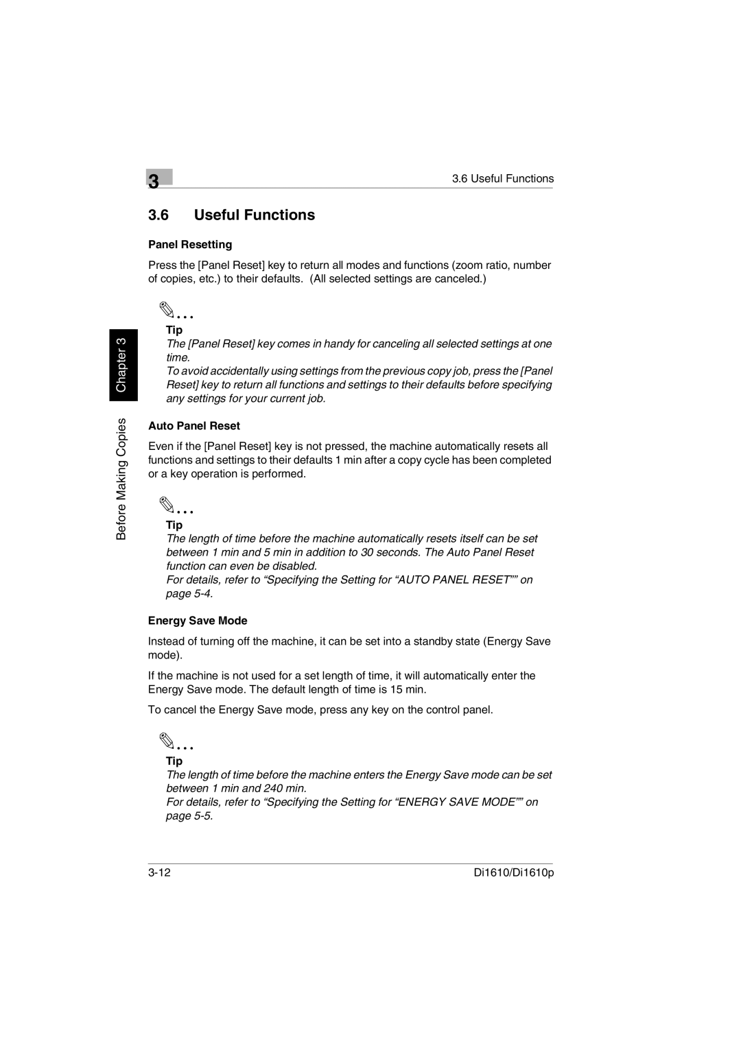 Konica Minolta Di1610p user manual Useful Functions, Panel Resetting, Auto Panel Reset, Energy Save Mode 