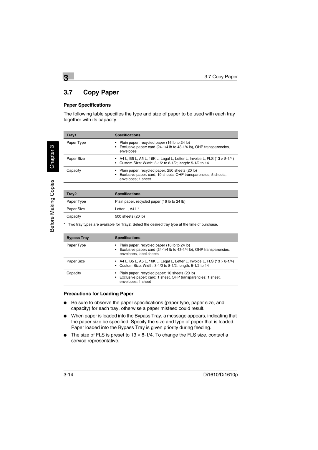 Konica Minolta Di1610p user manual Copy Paper, Paper Specifications, Precautions for Loading Paper 