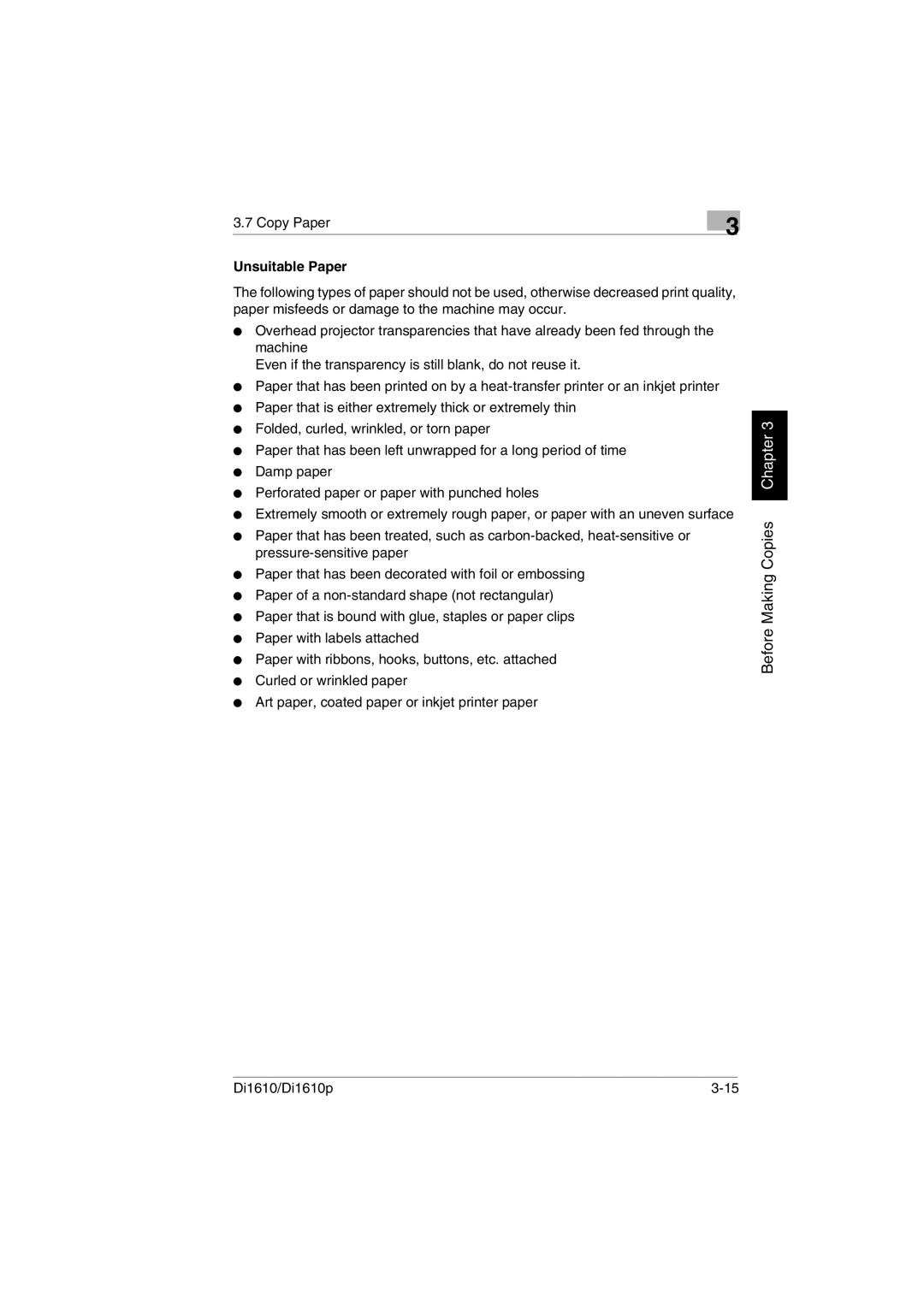 Konica Minolta Di1610p user manual Unsuitable Paper 