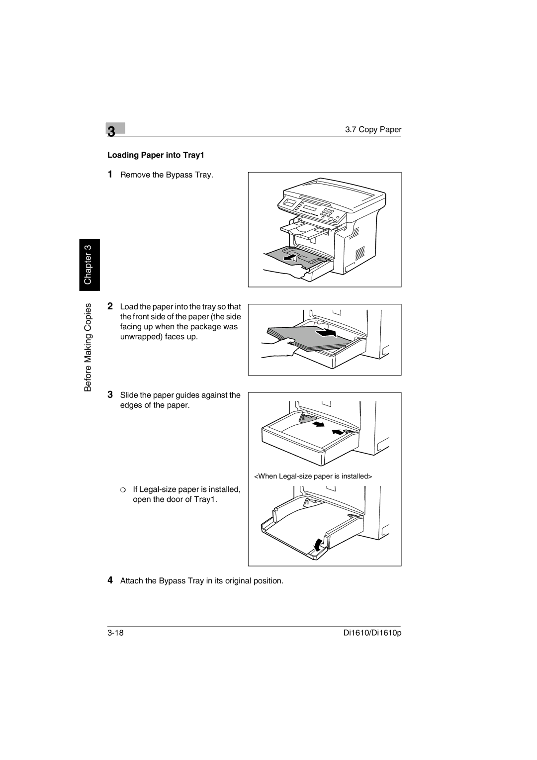 Konica Minolta Di1610p user manual Before Making Copies, Loading Paper into Tray1 