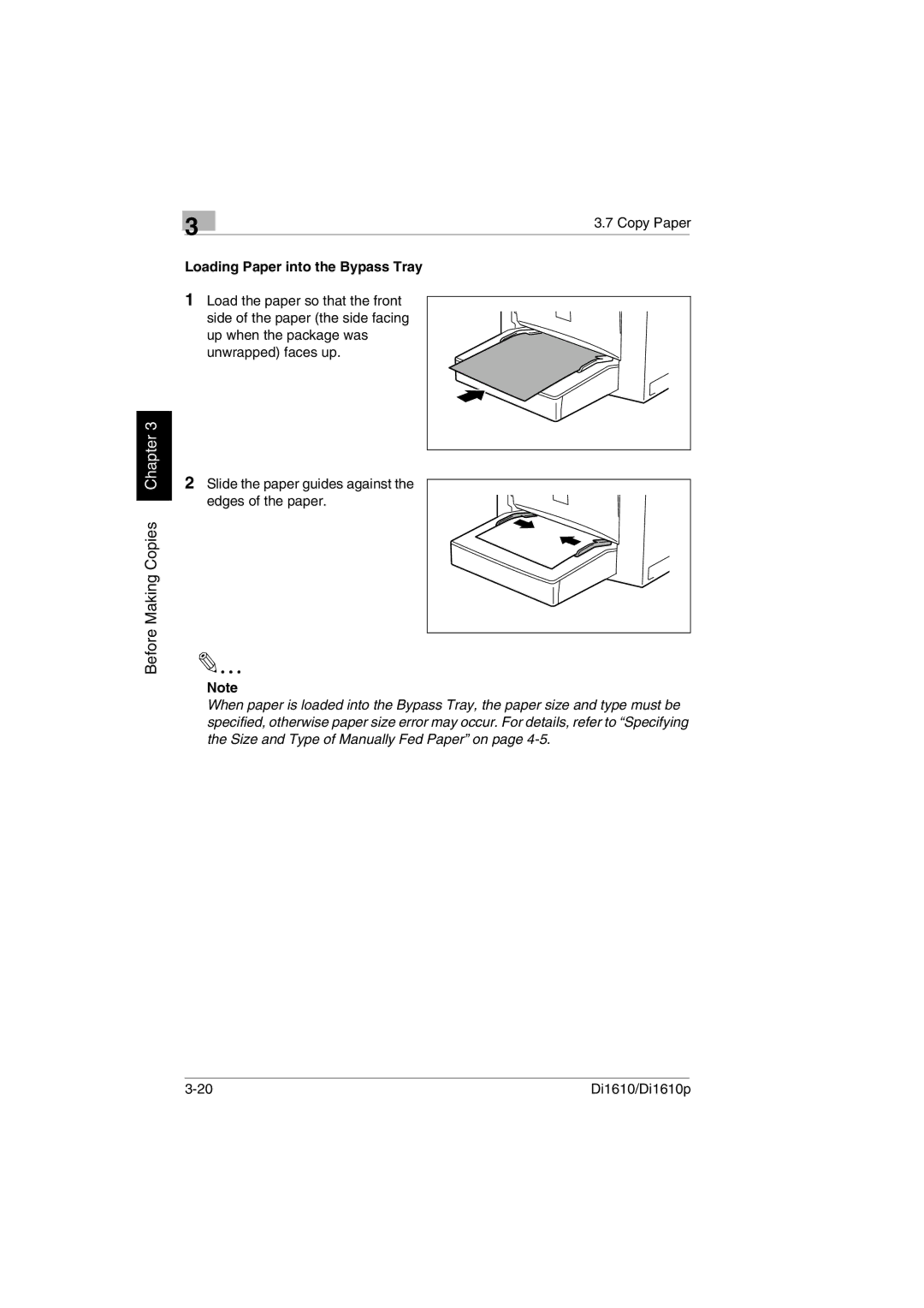 Konica Minolta Di1610p user manual Loading Paper into the Bypass Tray 