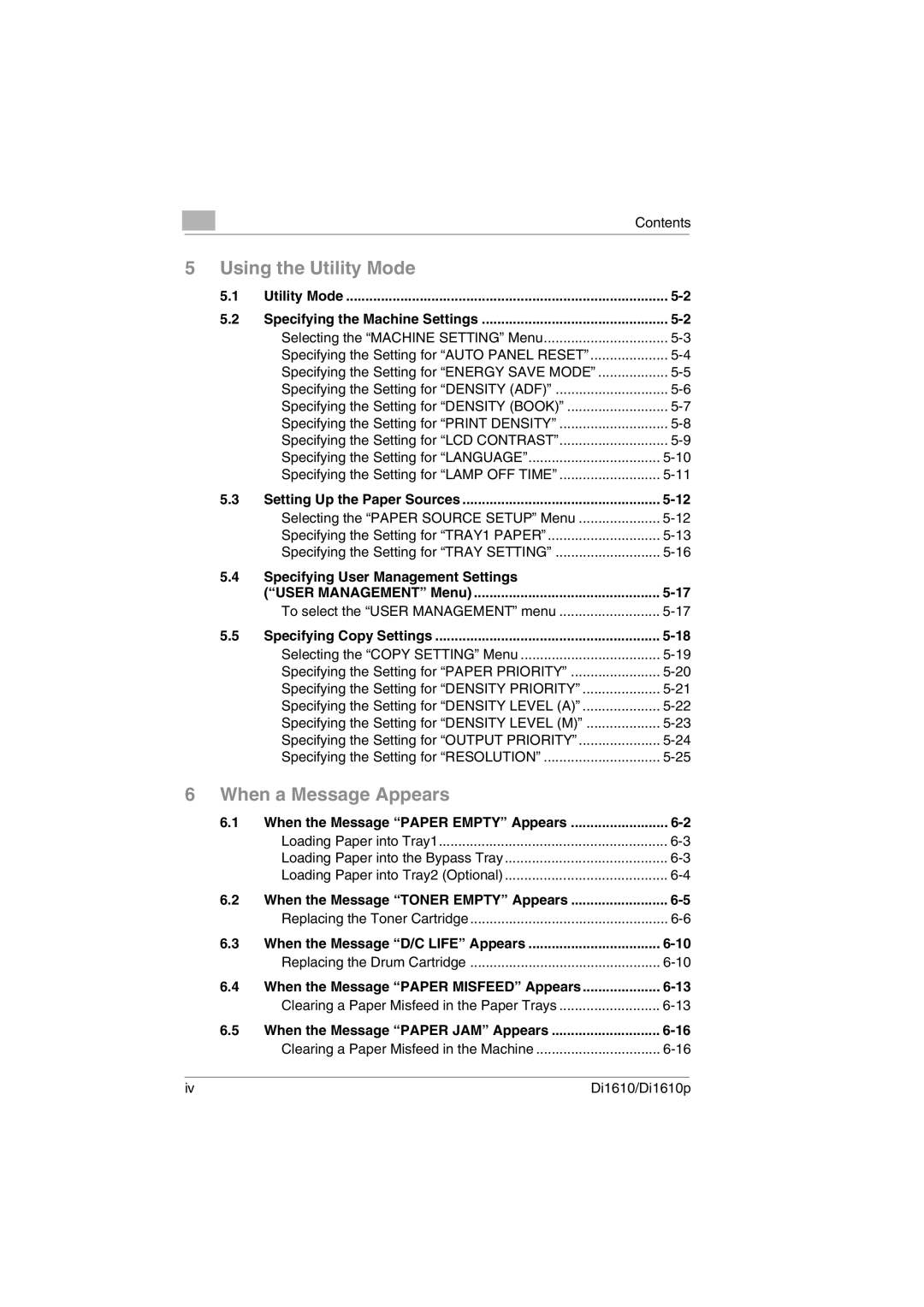 Konica Minolta Di1610p user manual Utility Mode Specifying the Machine Settings, Setting Up the Paper Sources 