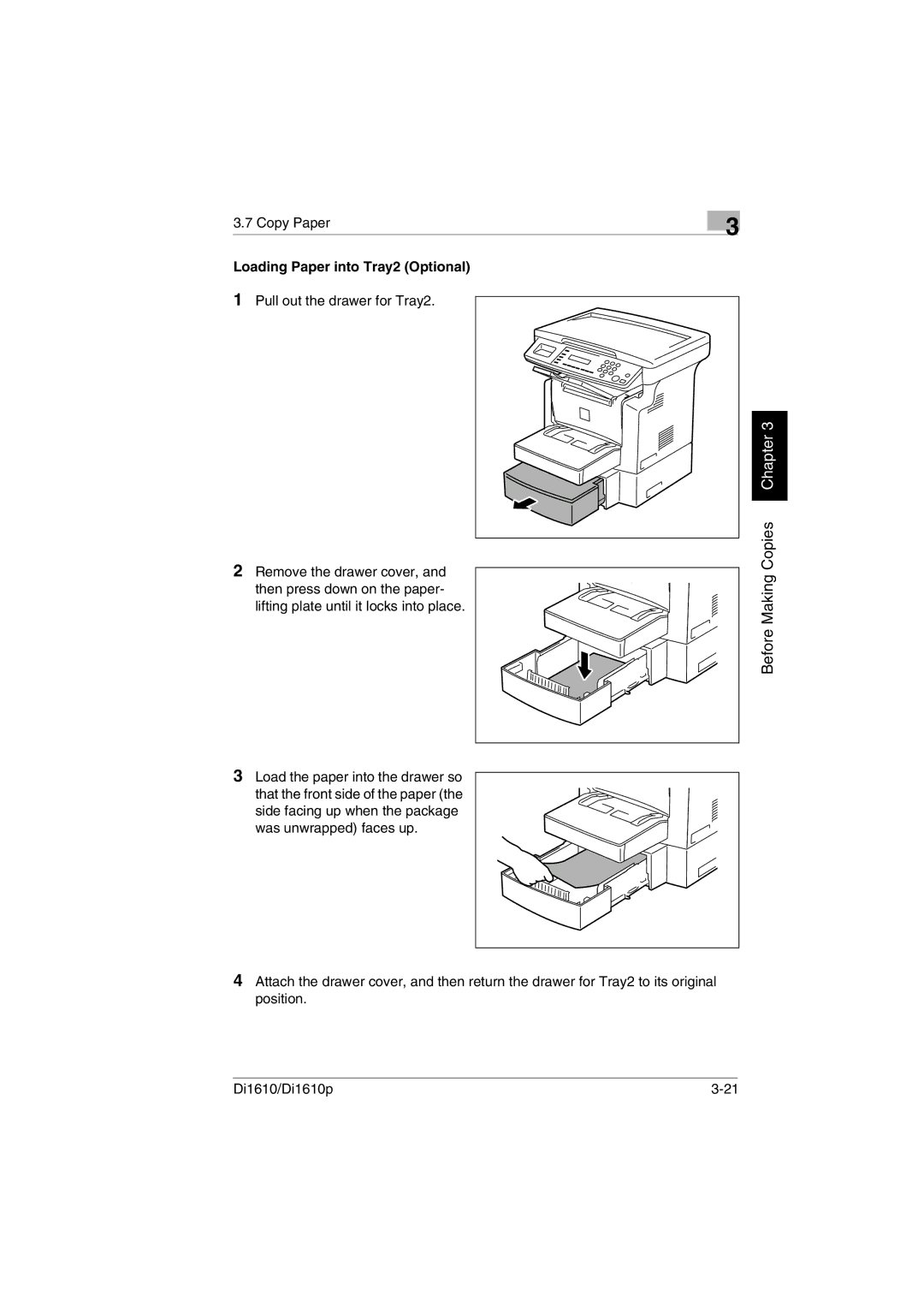 Konica Minolta Di1610p user manual Loading Paper into Tray2 Optional, Load the paper into the drawer so 