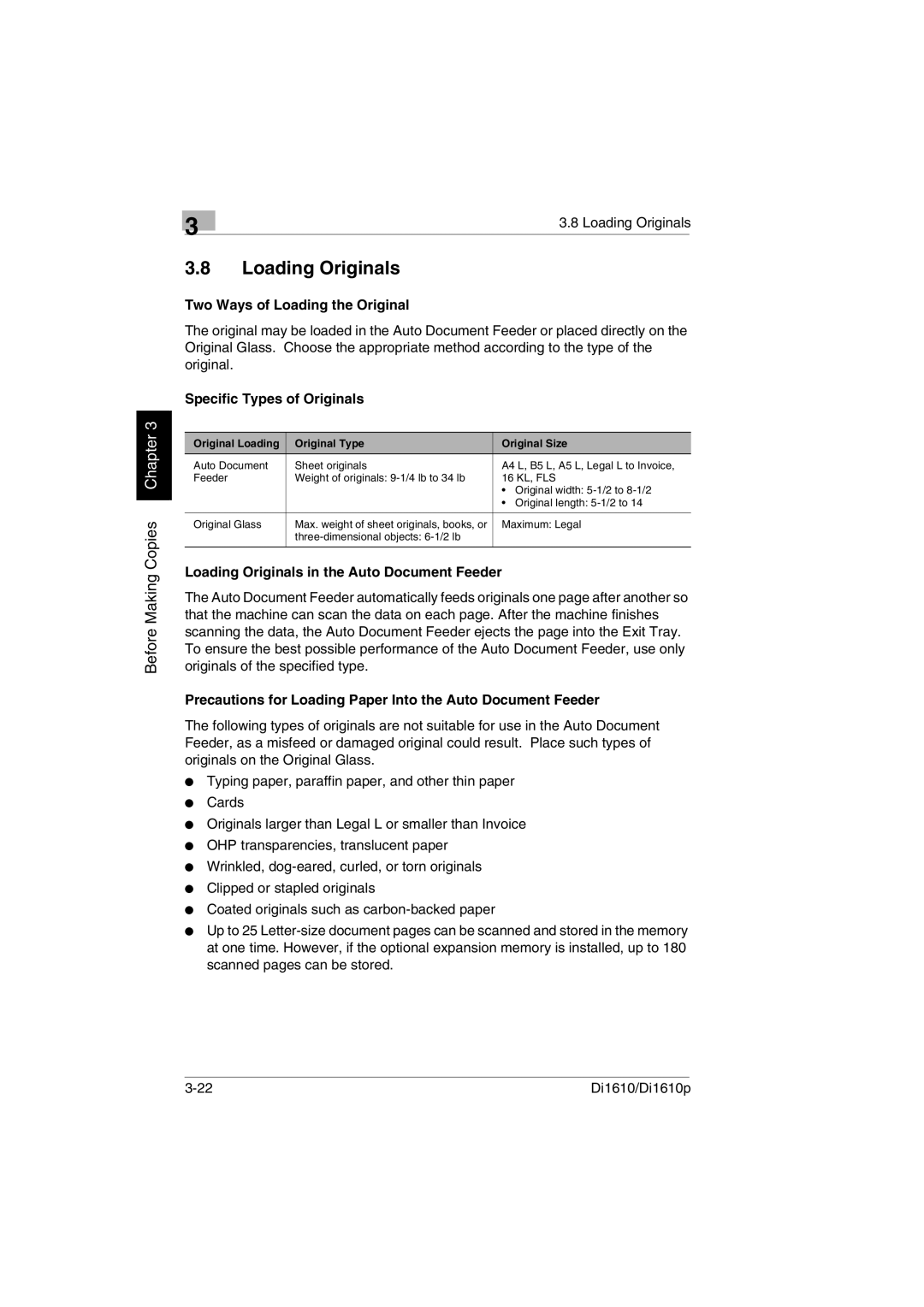 Konica Minolta Di1610p user manual Loading Originals, Two Ways of Loading the Original, Specific Types of Originals 