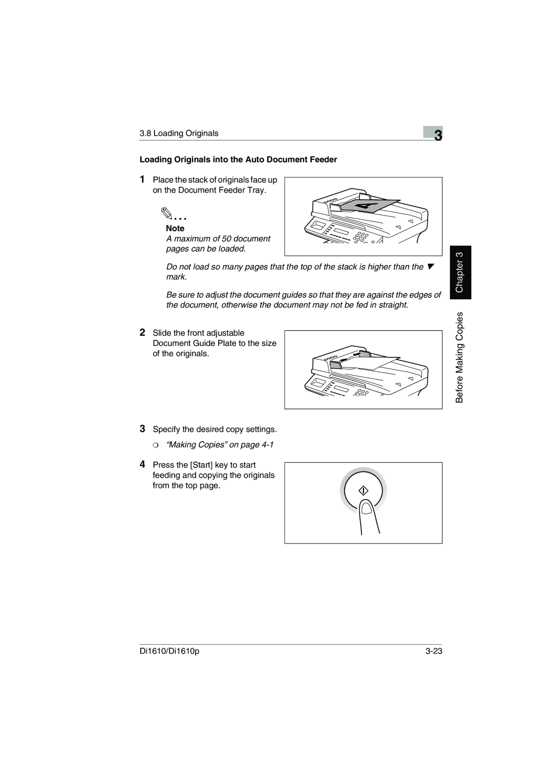 Konica Minolta Di1610p user manual Loading Originals into the Auto Document Feeder, Making Copies on 