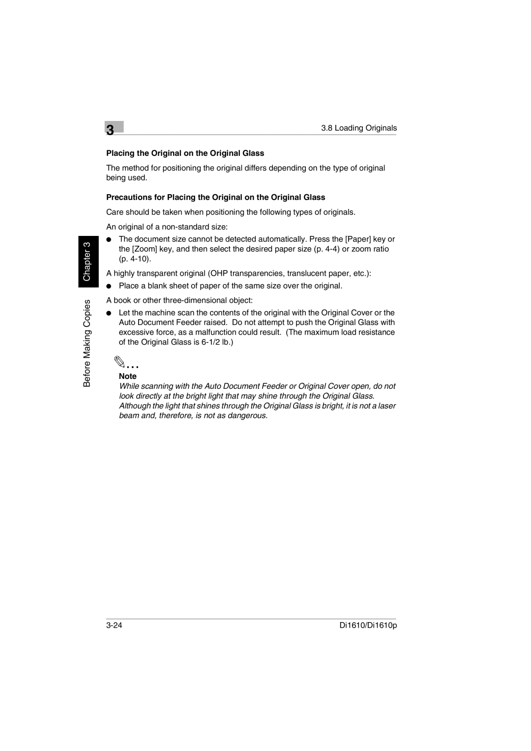 Konica Minolta Di1610p user manual Placing the Original on the Original Glass 