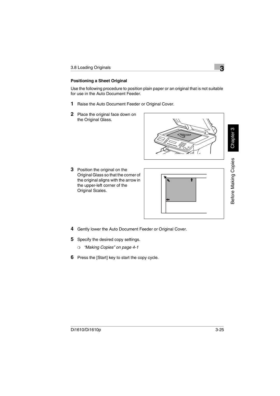 Konica Minolta Di1610p user manual Positioning a Sheet Original 