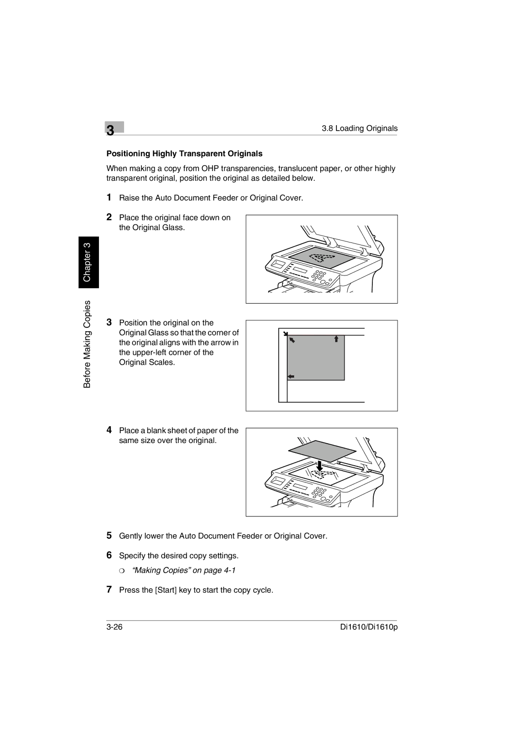 Konica Minolta Di1610p user manual Positioning Highly Transparent Originals 