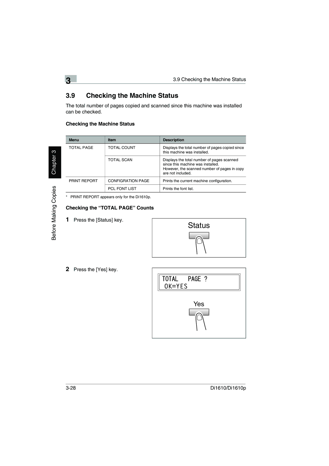 Konica Minolta Di1610p user manual Checking the Machine Status, Checking the Total page Counts 