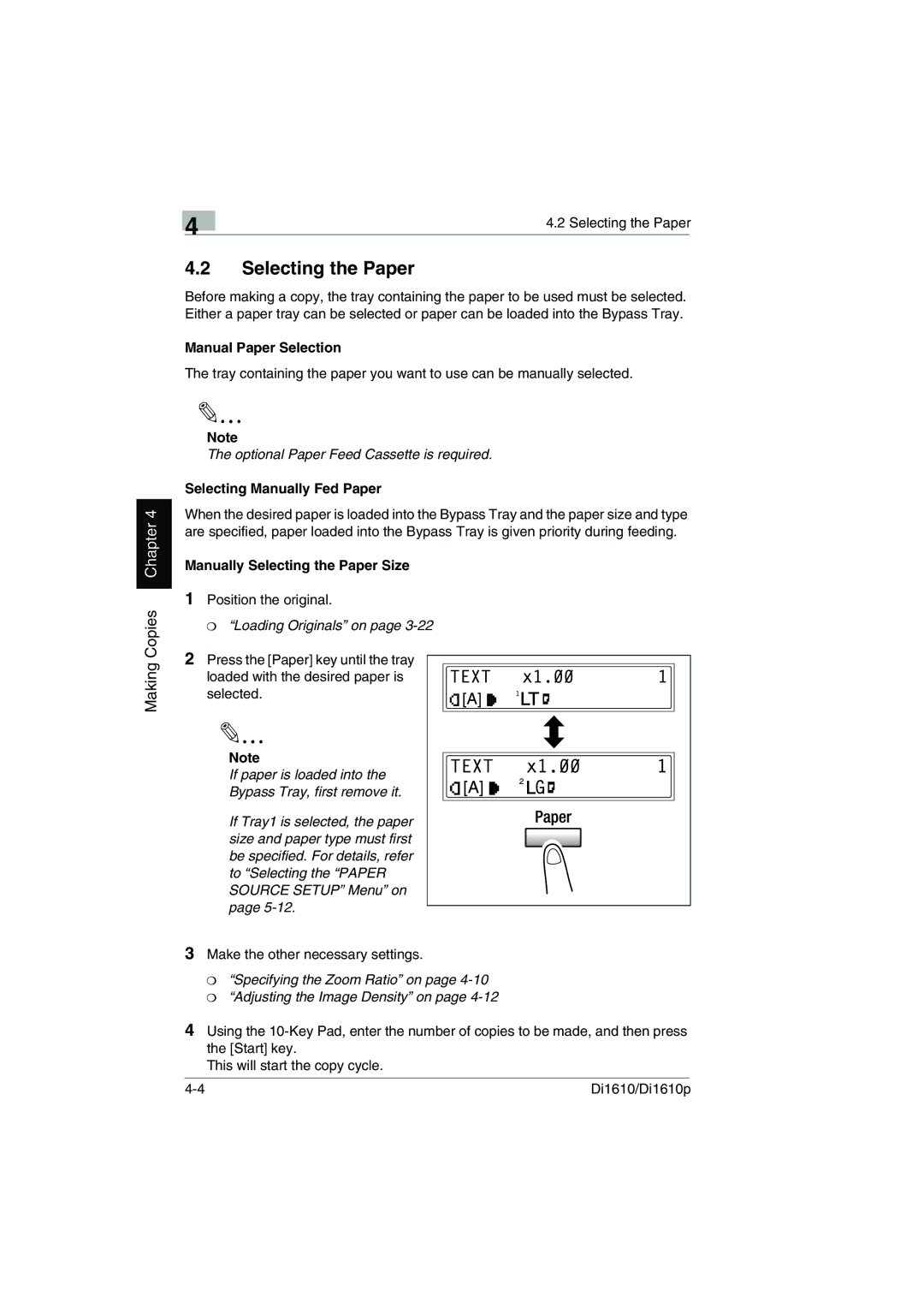 Konica Minolta Di1610p user manual Selecting the Paper, Manual Paper Selection, Selecting Manually Fed Paper 